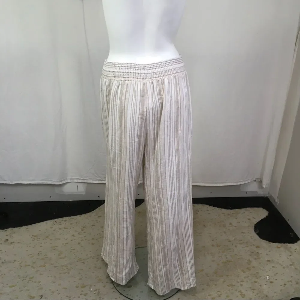 NEW Land n’ Sea Linen Rayon Tan Striped Wide Leg Spilt front Pull On Pants L